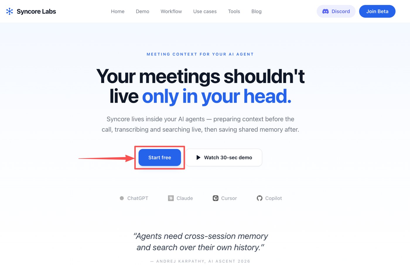 Syncore Labs landing page with Start free button highlighted