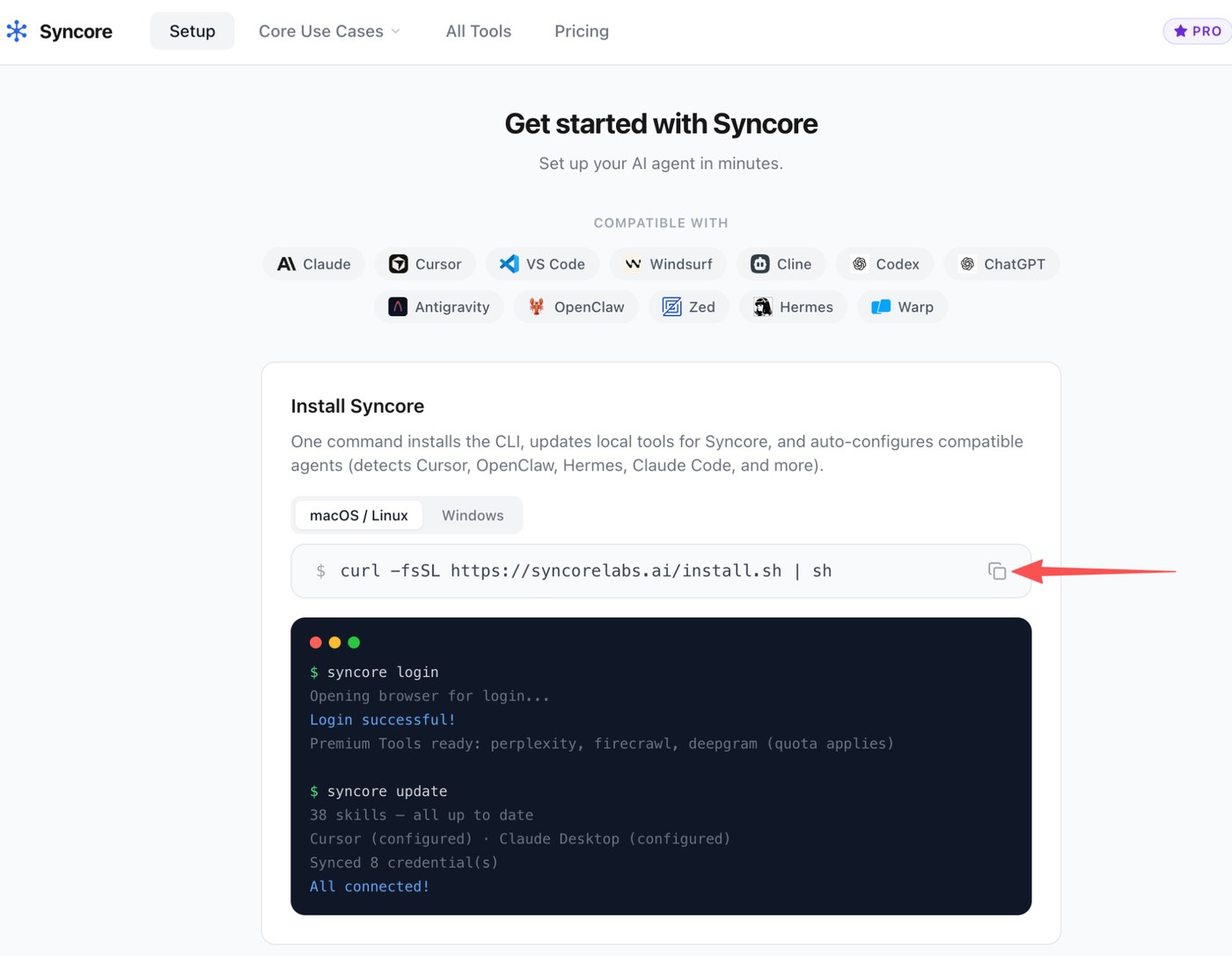 Syncore install page showing one-command CLI setup for macOS/Linux and Windows
