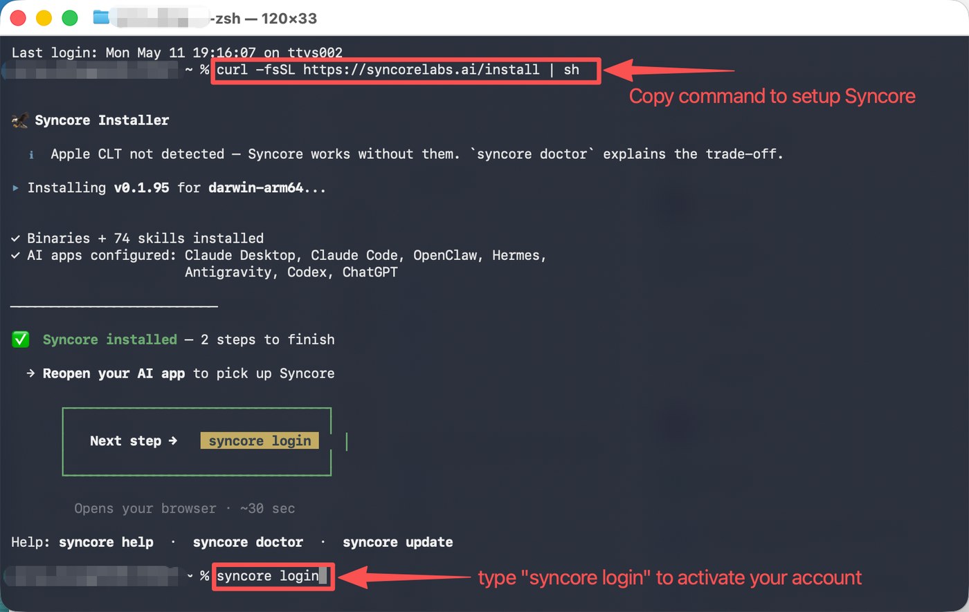 Terminal showing successful Syncore install with syncore login command highlighted