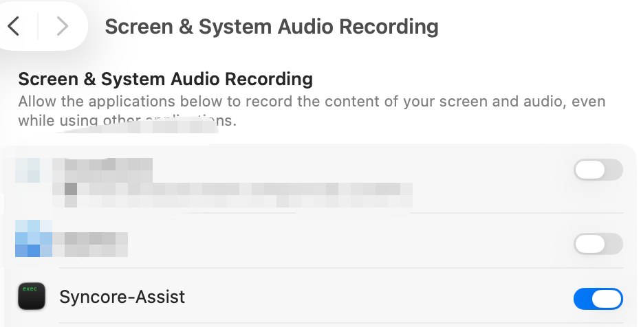 macOS Screen and System Audio Recording settings with Syncore-Assist enabled