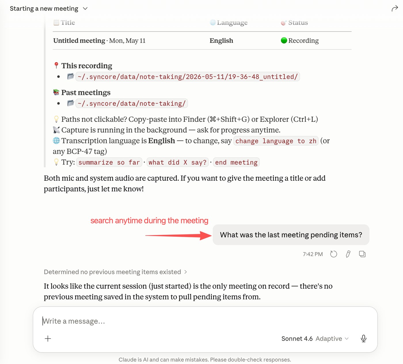 Meeting view with transcription running and a real-time search query about pending items