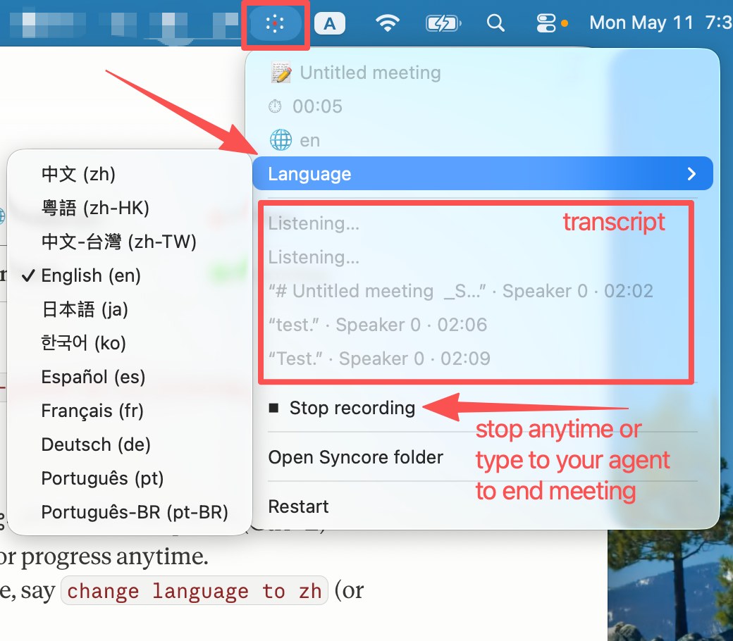 Syncore menu bar widget showing live transcript, language picker, and Stop recording option