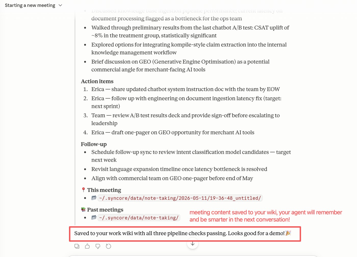 Meeting summary with action items, follow-ups, and confirmation that content was saved to wiki